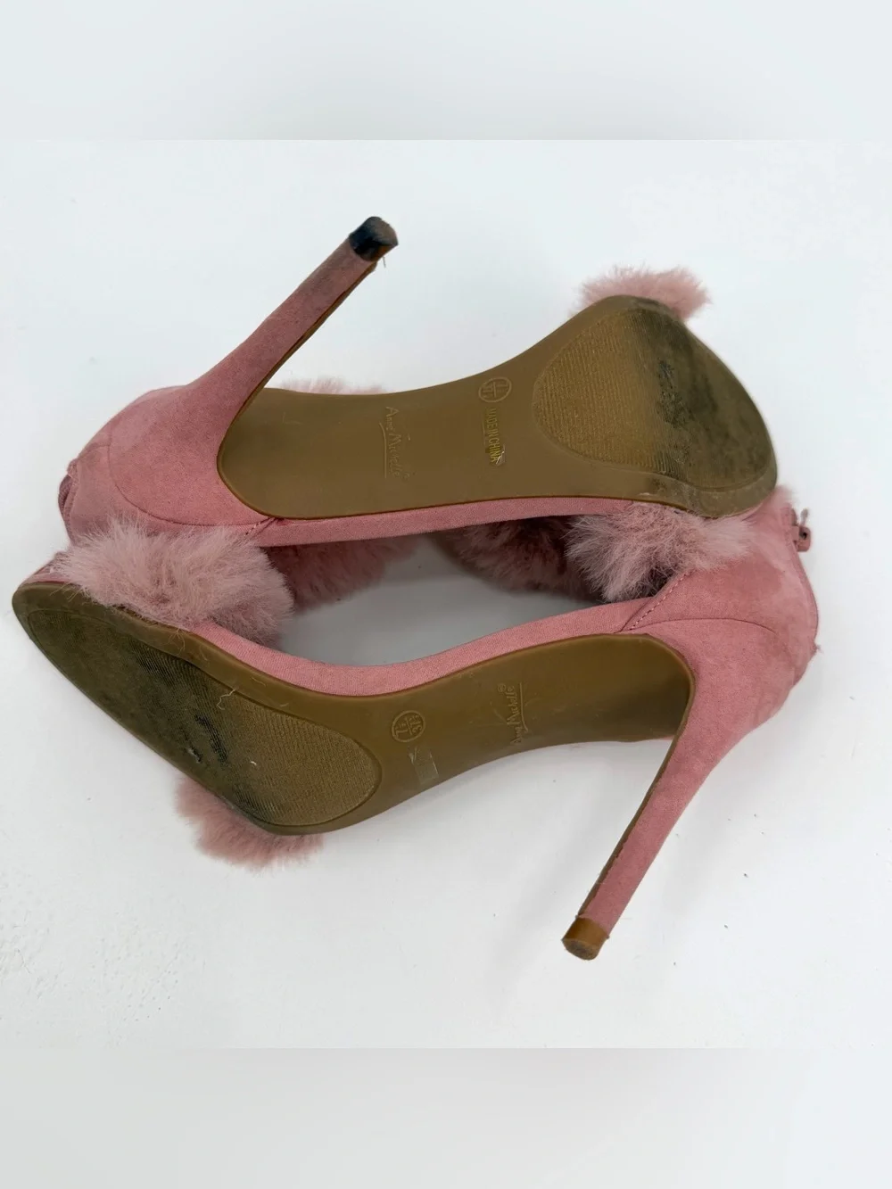 Anne Michelle High Heel Sandals Womens 7.5 Pink Faux Fur Straps Stilettos Party